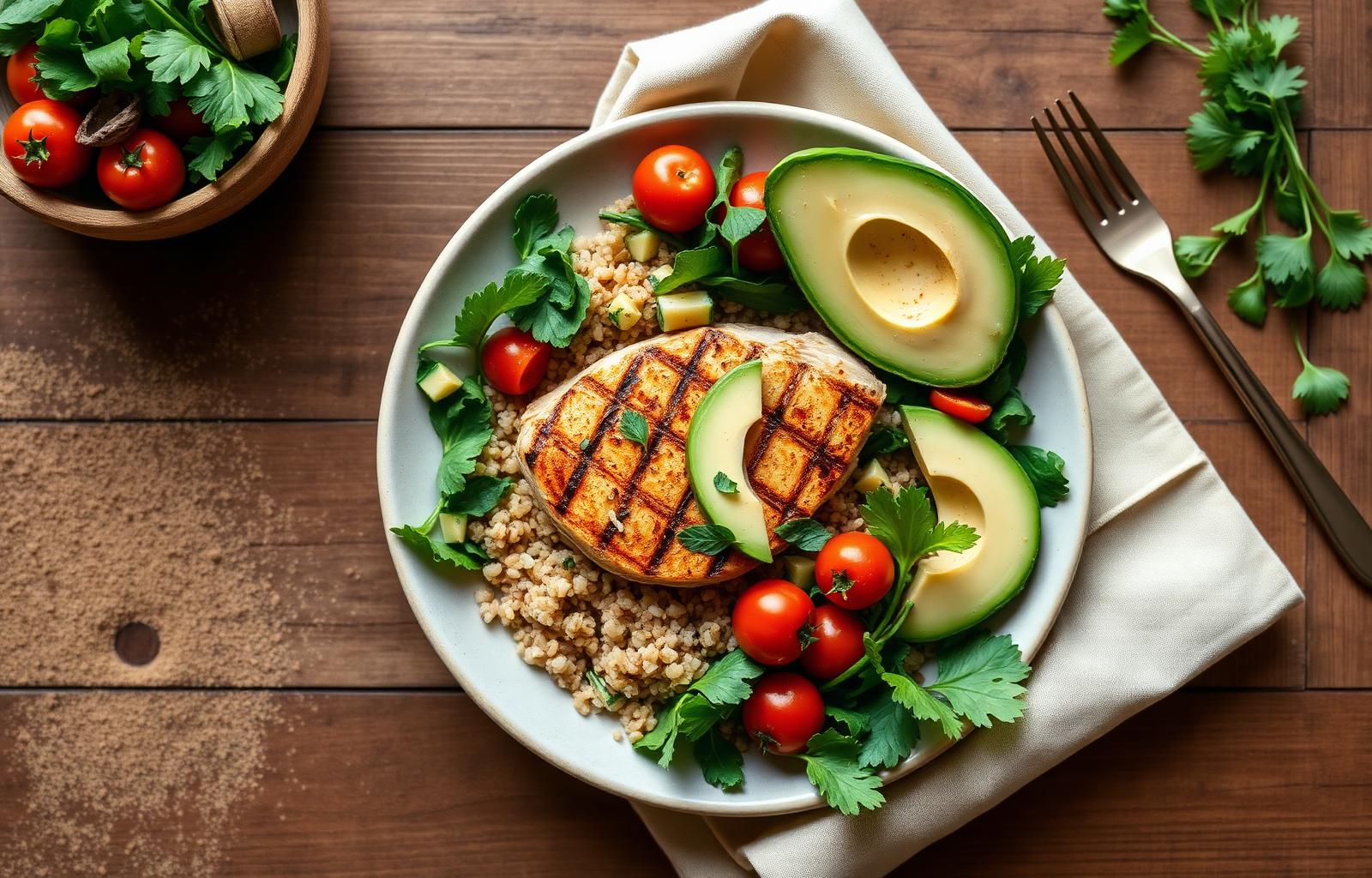 Prato fit com frango grelhado, quinoa, abacate e tomates